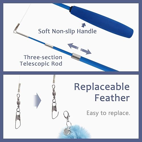 Miniatura 6 de SONGWAY Juguetes de varita para gatos de interior, juego de juguetes para gatos con varita retráctil y 6 recambios de juguete de plumas de hada,