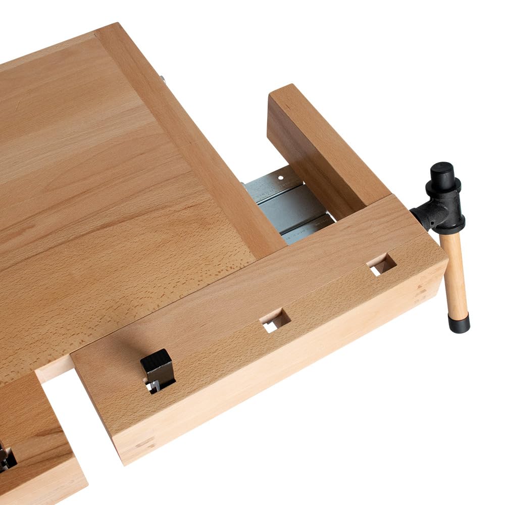 BAMATO Hobelbank WORK-2100 Buchenholz Werkbank Massivholz Werkstatt Tisch | Robuste Massivholz-Werkbank aus Buche mit 82,5cm Arbeitshöhe | 2 stabile Spannzangen & geräumige Schublade für Werkzeuge