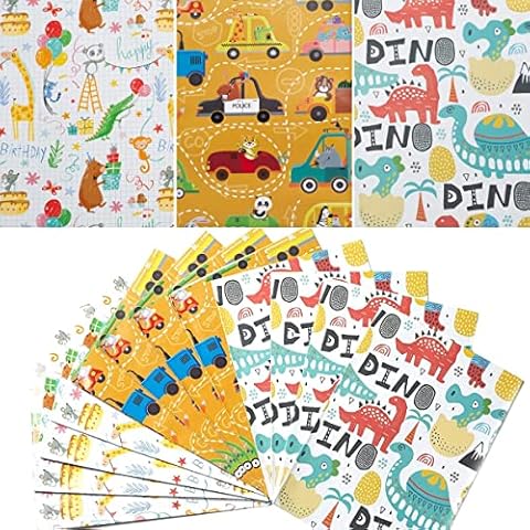 12 Sheets Gift Wrapping Paper Childrens Cartoon Dinosaur Animal Pattern Colorful Package Papers Craft Present Recyclable Kids Boys Girls Birthday Party Baby Shower Halloween Christmas (50 x 70cm) Cover