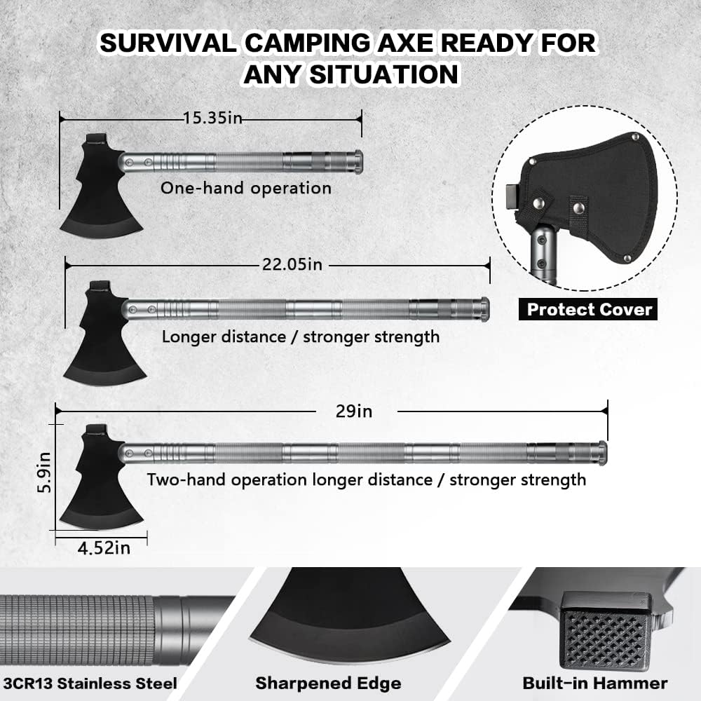 ZENHOSIT Survival Shovel Camping Axe, Folding Camping Shovel Hatchet with Lengthened Handle and Flashlight, High Carbon Steel Tatical Shovel Axe Set with Storage Pouch for Car Emergency Hiking Camping : Sports & Outdoors