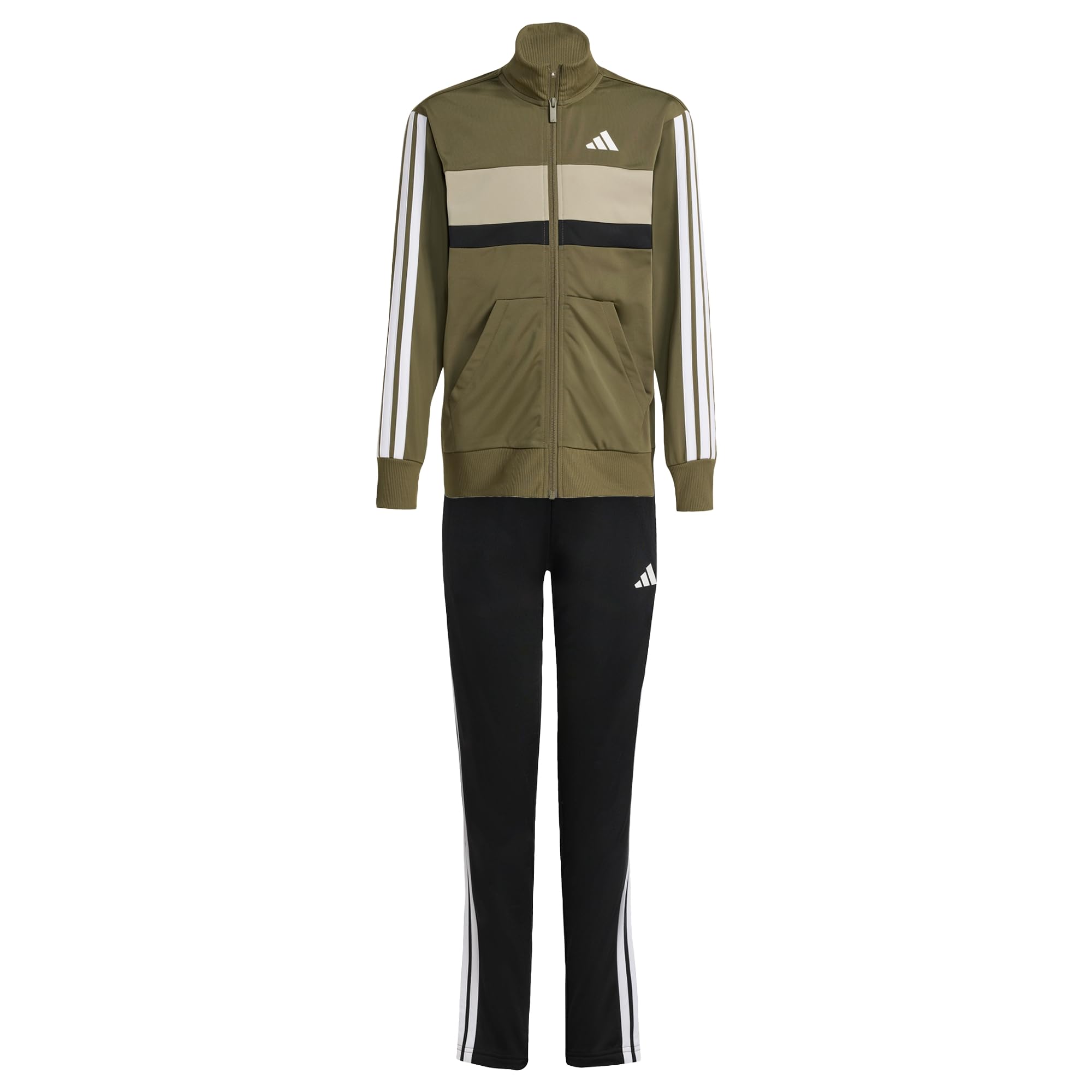 adidas Unisex Kids SEASONAL ESSENTIALS TIBERIO 3 STRIPES TRICOT TRACKSUIT, olive strata/white, 11-12 Years