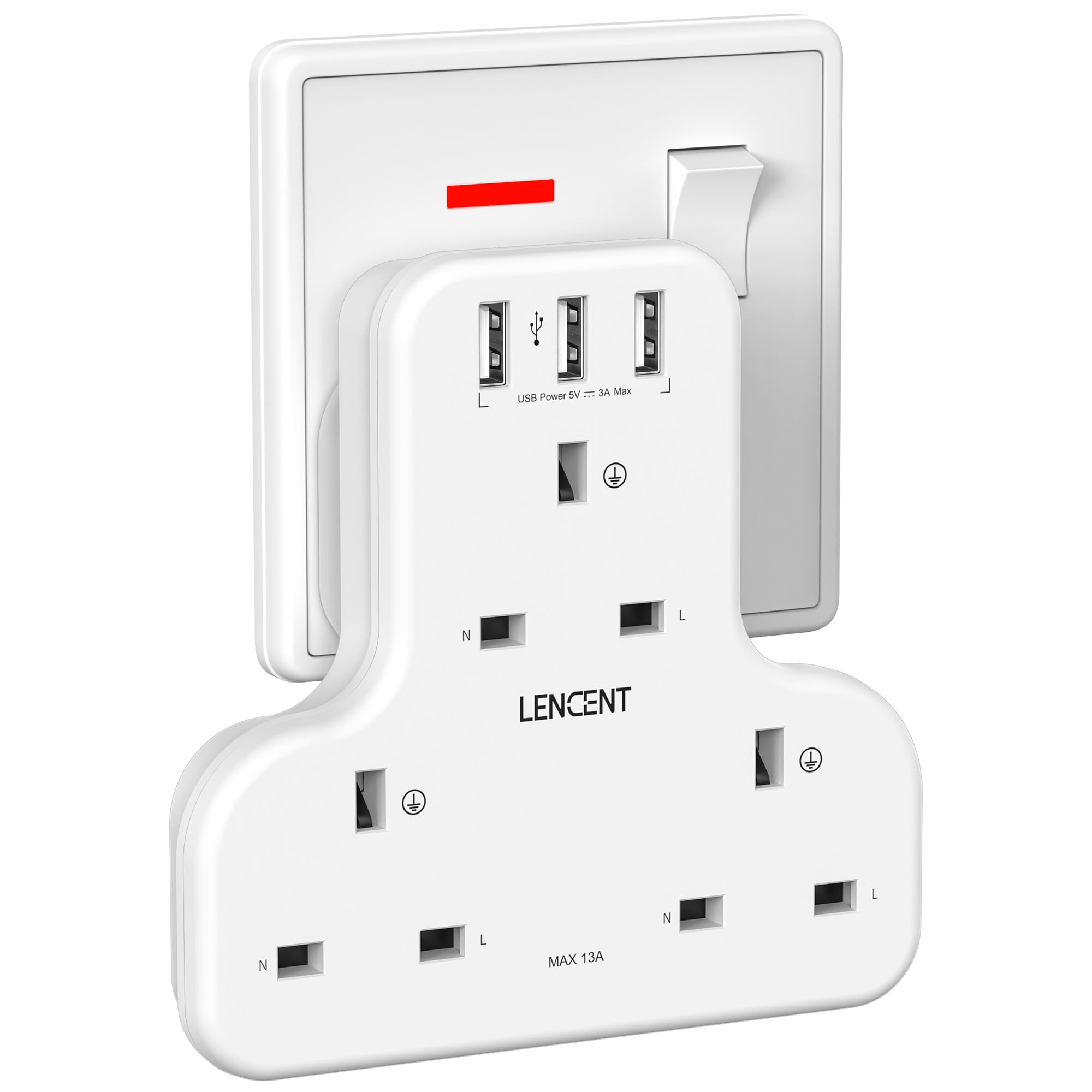 LENCENT 3 Way Plug Extension with 3 USB Ports, Wall Socket Power Extender Adaptor for Household Appliances,iPhone, Smartphone Tablets, Ideal for Home Office Bedroom, 13A 3250WLENCENT 3 Way Plug Extension with 3 USB Port…