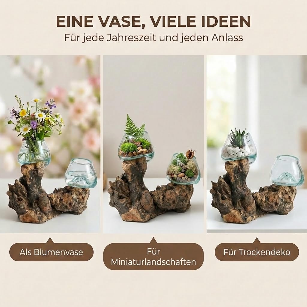 Jarrón de cristal doble (diámetro de cristal de 7 cm) – Jarrón decorativo hecho a mano en madera de raíz con cristal extraíble, decoración de salón, adecuado como florero o tarro de velas