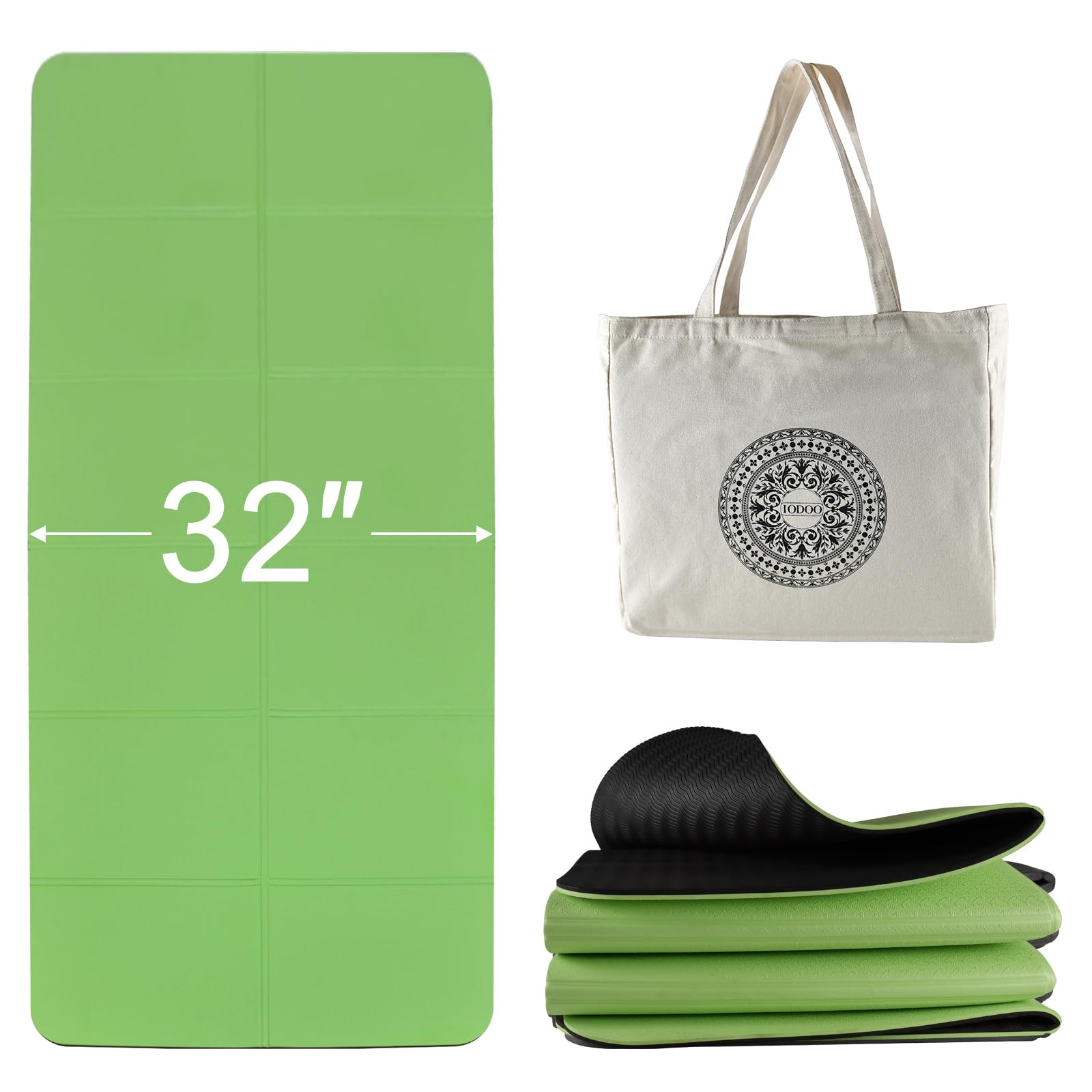 iodoo Foldable Yoga Mat 72" L x 32" W x 0.32 Inch Extra Thicked and Wided, Folding Yoga Mat for Travel with Canvas Carrying Bag, Non-Slip TPE Exercise