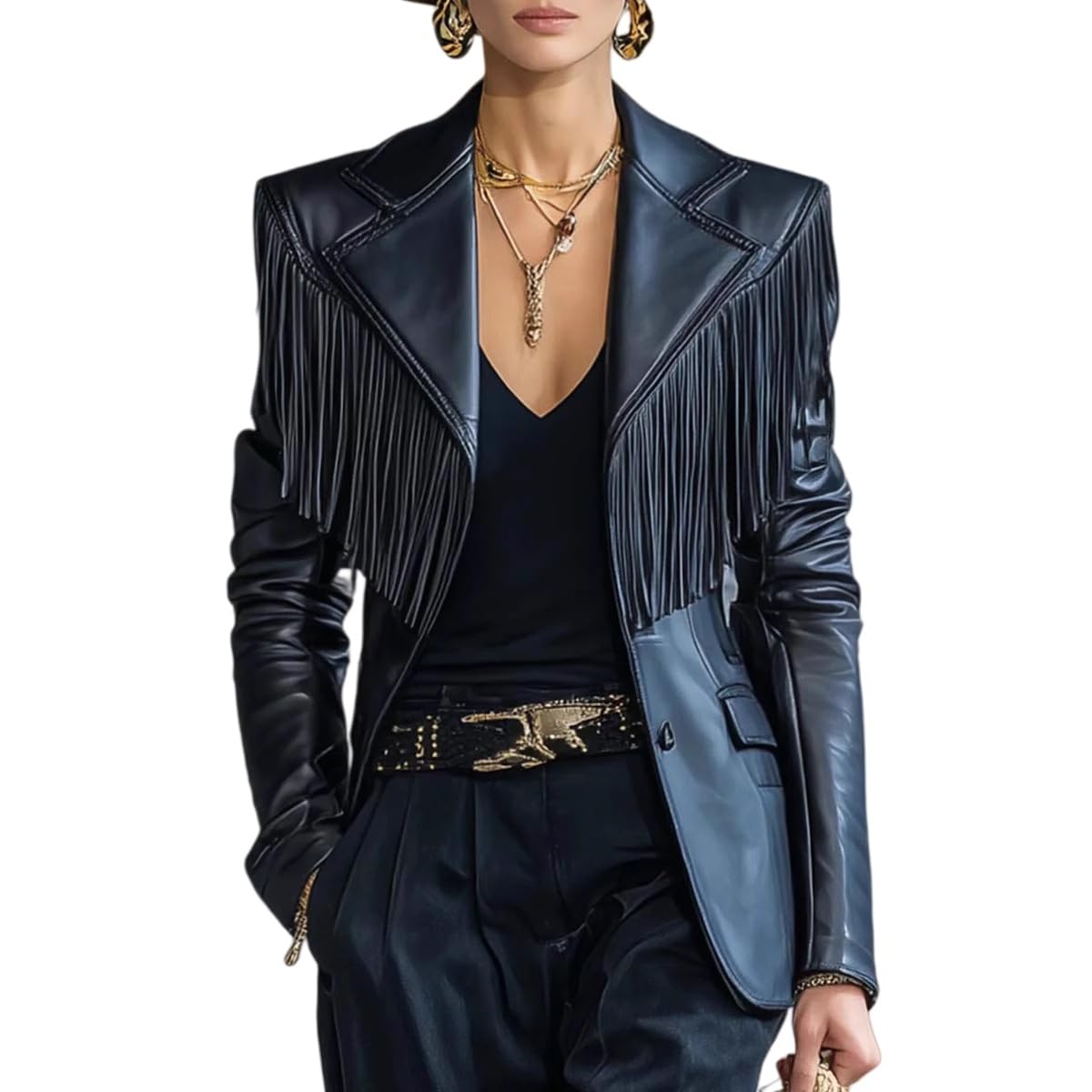 Blazer De Mujer De Piel Sintética con Flecos Chaqueta De Traje De Piel Sintética Negra con Borlas Manga Larga Cuello con Solapa Blazers Estilo Western Retro Chaquetas De Motociclista Ropa De Abrig