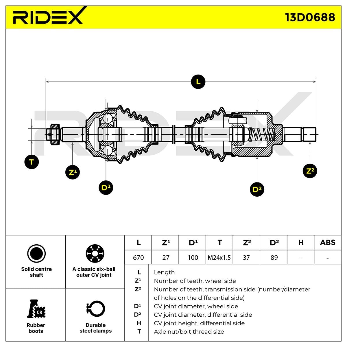 RIDEX 13D0688 Arbre de transmission Avant Gauche Compatible avec CITROËN C8 II EA, EB