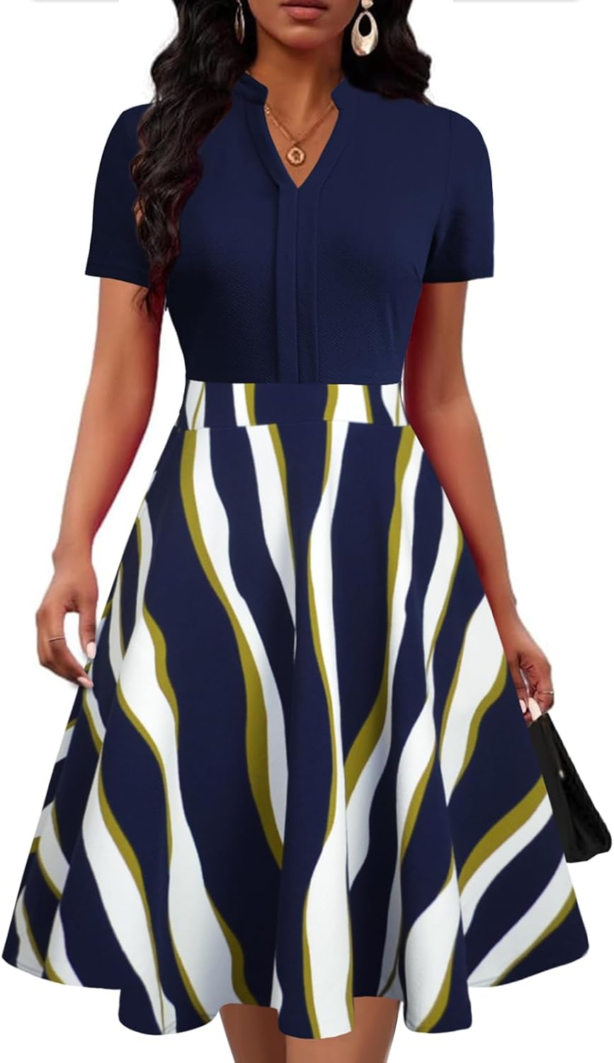 Mokayee Womens Summer Short Sleeve V Neck Fit and Flare Semi Formal Work Wedding Guest Dresses with Pockets