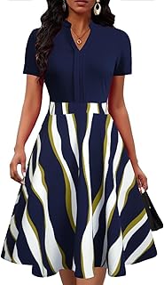 Mokayee Womens Summer Short Sleeve V Neck Fit and Flare Semi Formal Work Wedding Guest Dresses with Pockets
