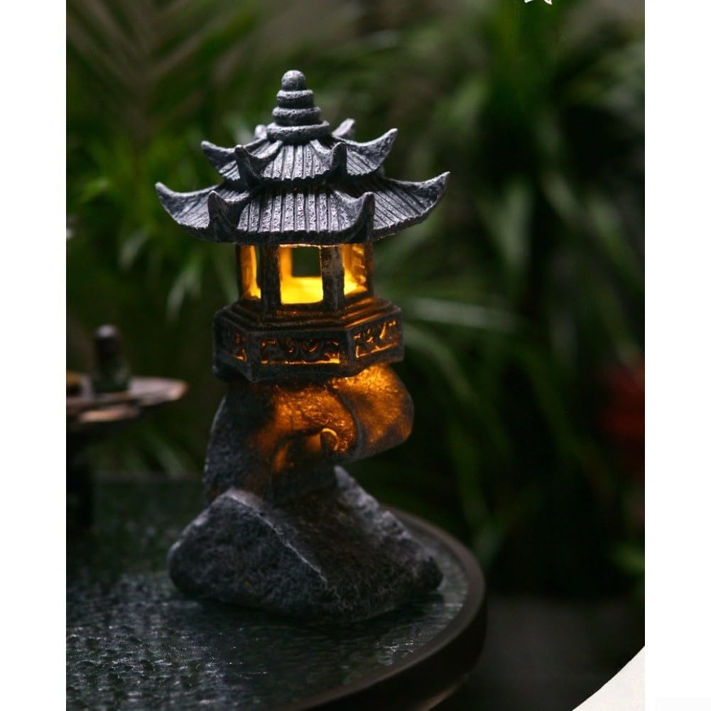 Lanterne solaire en résine style pagode imitation pierre LED pour allée, allumage automatique, décoration de jardin zen, gris, 32,5 cm, statue d'extérieur (A)