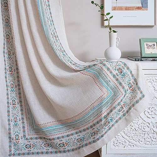 Image of MYSKY HOME Living Room Curtains 84 inch Long 2 Panels Set Boho Semi Sheer Faux Linen Farmhouse Damask Window Drapes for Bedroom Dining Room Patio, 50 inch x 84 inch, Teal, 2 Panels