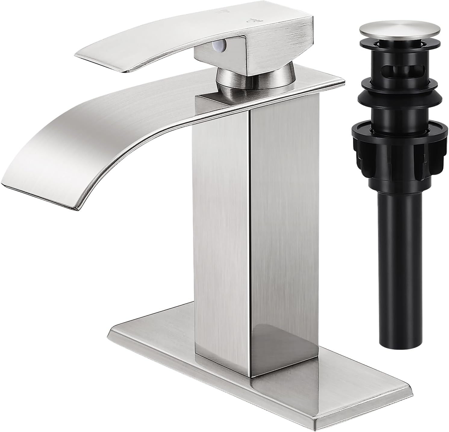Bathroom Faucets Brushed Nickel Waterfall Bathroom Sink Faucet Modern Single Handle Bathroom Faucet for 1 or 3 Hole Mxier Tap Washbasin Faucet with Deck, Pop-up Drain and Supply Hoses A-Brushed Nickel Short