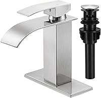 LUFG Brushed Nickel Waterfall Bathroom Faucet - Single Handle Sink Tap for 1/3 Hole, Pop-Up Drain & Supply Hoses Included