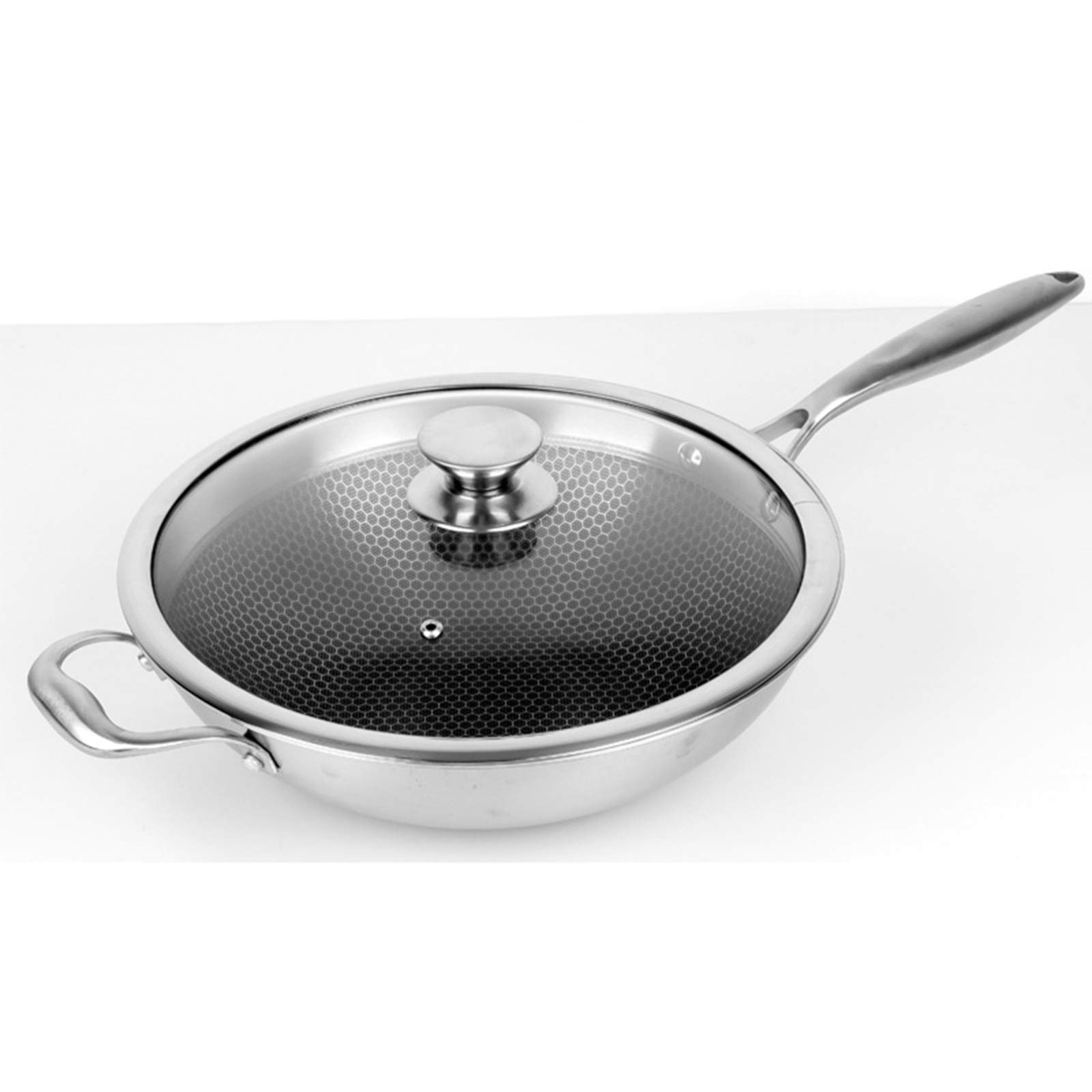 BSTL Stainless Steel Healthy Uncoated Wok, Honeycomb Non-oily Kitchen Non-stick Pan, Frying Pan With Oven Safety Lid-anti-scratch,34CM-A