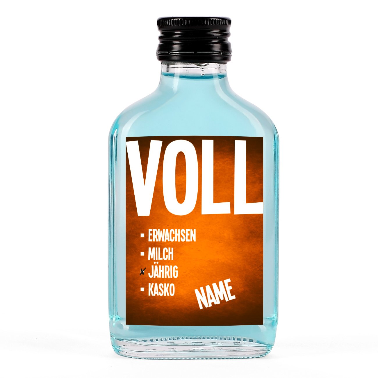 Herz & Heim® Likör mit Namensaufdruck zum 18. Geburtstag - VOLLjährig Oranges Etikett