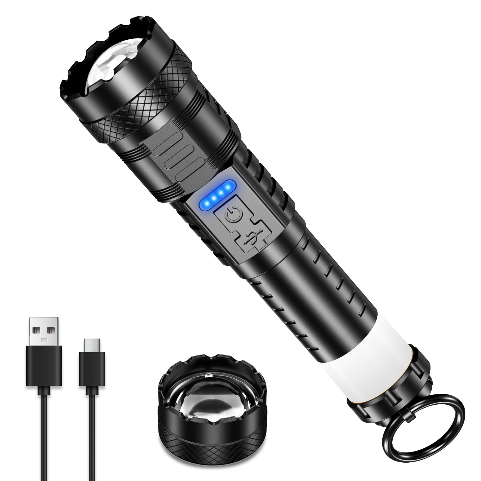 Rechargeable Flashlight High Lumens - 3000 Lumens Waterproof Police Flashlight, Zoomable Beam LED Flash Light with 8 Modes and SOS for Emergencies, Home, Camping, Hiking, Pet Walking(Black)