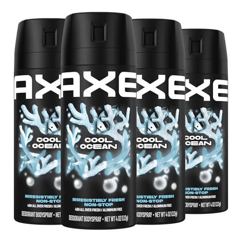 AXE Dual Action Body Spray Deodorant for Long Lasting Odor Protection Cool Ocean All Day Fresh Scent Mens Deodorant Formulated Without Aluminum, 4 Oz (Pack of 4)