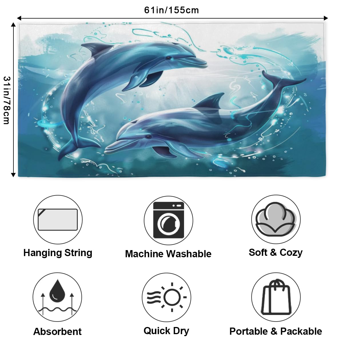 Sea Animal Beach Towel - Dolphin Shark Turtle Print, Oversized Microfiber Quick Dry Towel 52x32 Inches For Adults & Kids - View #12