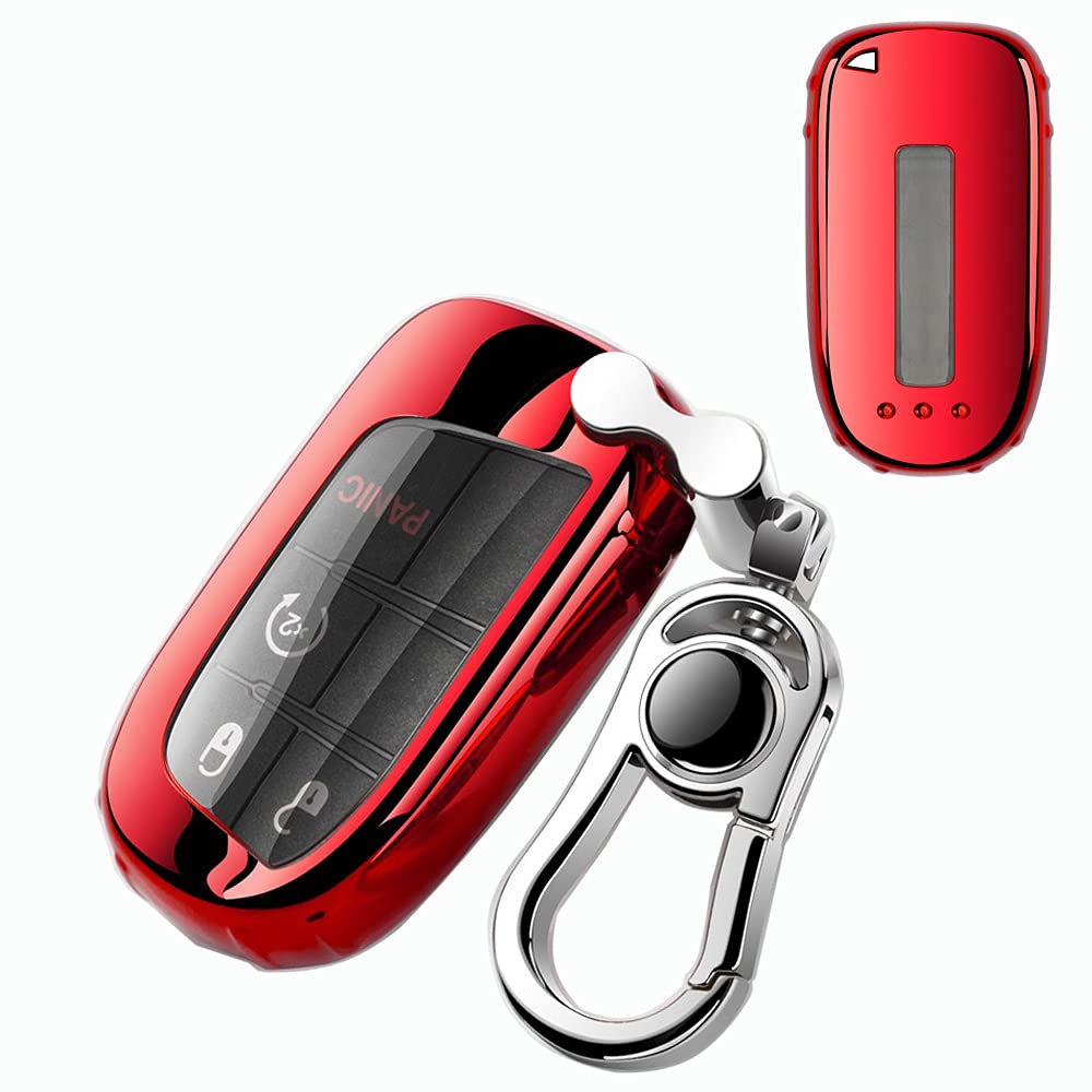 Kirsnda Key Fob Cover Case With Keychain - Soft TPU Skin For Jeep Grand Cherokee, Dodge, Chrysler, Fiat (Red)