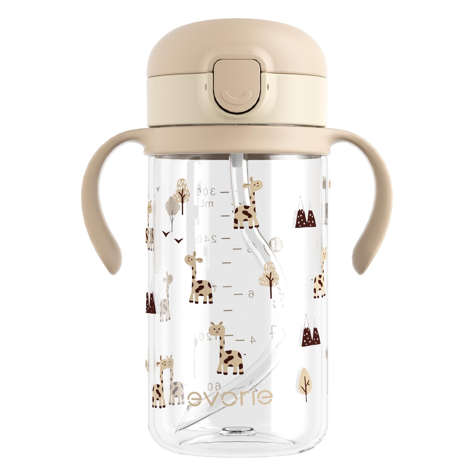 Evorie Tritan Trinkflasche mit Silikon-Strohhalm, auslaufsichere Strohhalm-Flasche für Kinder im Alter von 1-3 Jahren, 300 ml, abnehmbare Griffe, ideal für die Schule (Giraffe)