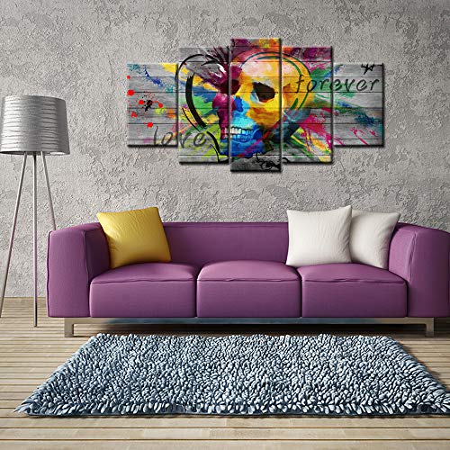 Sechars 5 Piece Large Wall Art Abstract Colorful Skull Painting Poster Pop Graffiti Skull Love Art Prints For Living Room Pub Bar Wall Decor Gift For Man Overall Size 60"X32" #TOP3