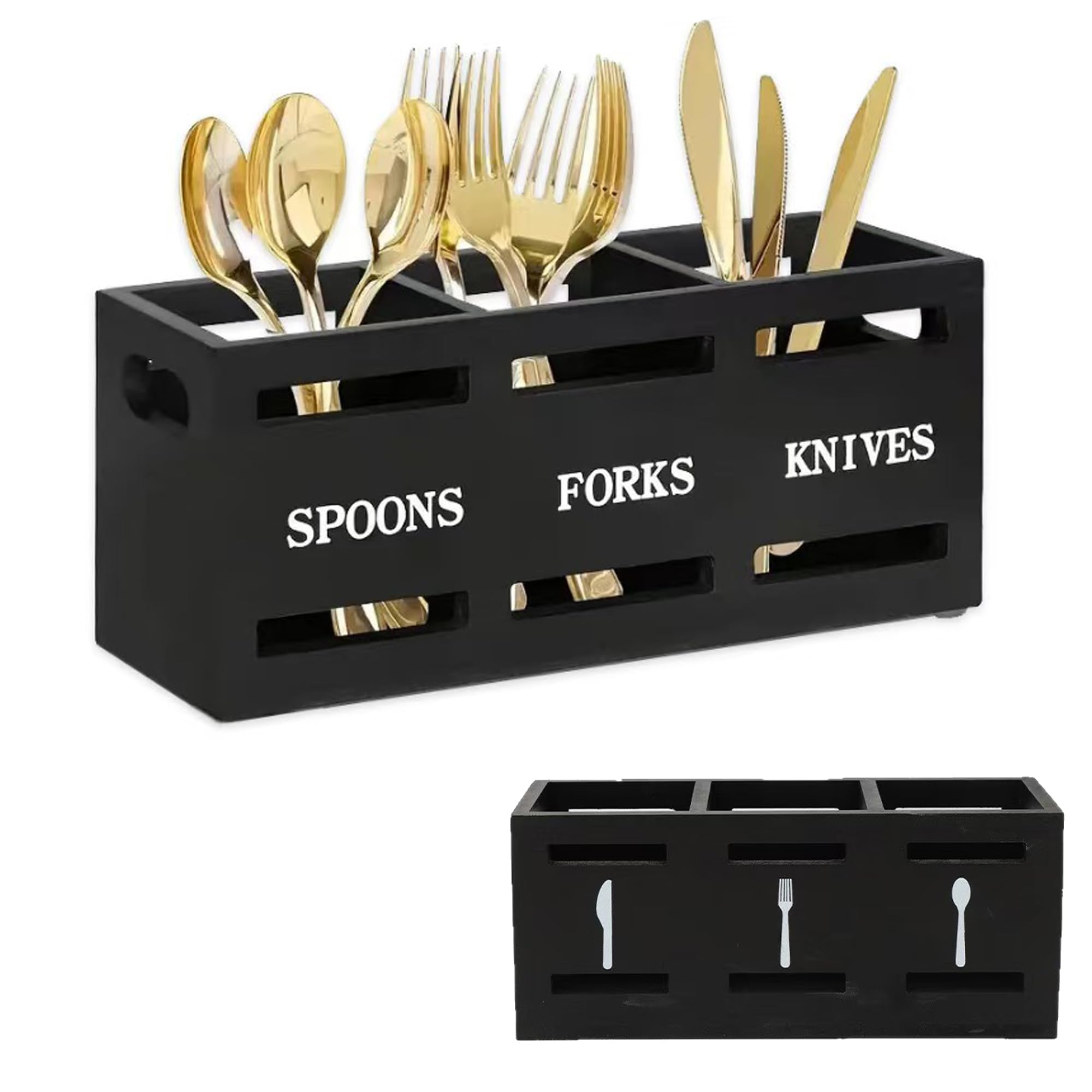 YQBFTC Kitchen Utensils Holder Crocks with 3 Compartment,Wooden Cutlery Holder Caddy Organizer,Modern Black Large Capacity Spoon Holder,Utensils Organizer Storage Container for Knife,Fork and Spoon