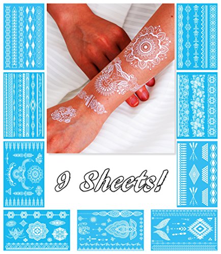 White Henna Temporary Tattoos for Women Teens Girls - 9 Sheets White Lace