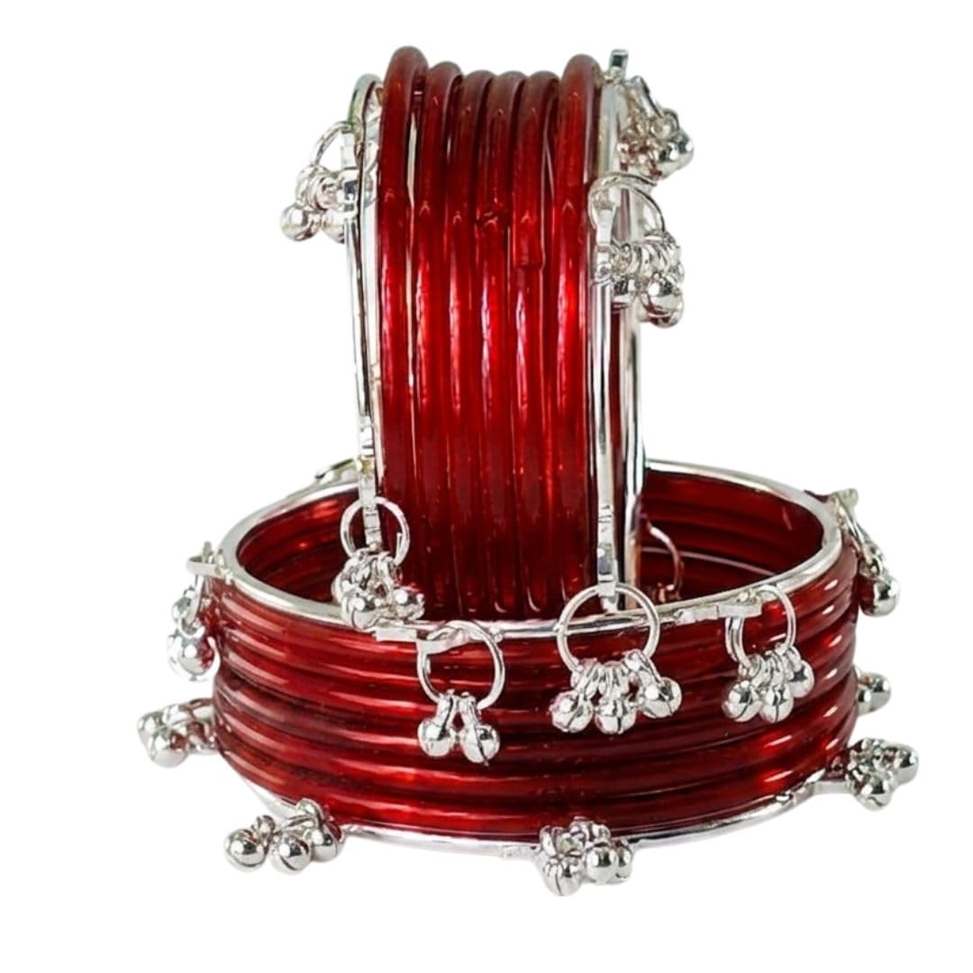 ZULKA Premium Glass Bangles Set with Ghungroo For Women & Girls | Daily Use Kangan Bangles | Kada Set | Kanch Ke Kade | Bangles Bracelet Set For Girls - Set Of 12 (ZU_GO2-Bangles-S-Red-2.4)