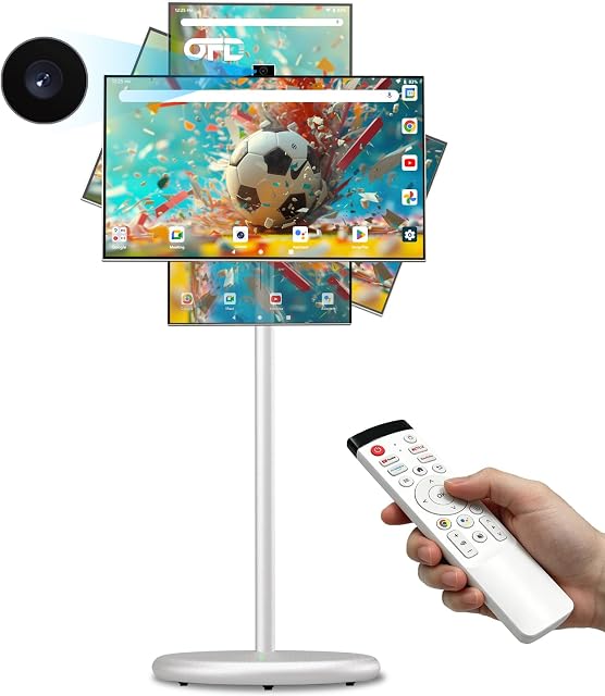 OFD 27 inch Portable TV on Wheels Gen 2nd,6+128GB Storage,Swivel Rotation Touchscreen Monitor 100% sRGB Android 15 OS,Rolling TV with 4K Webcam,9000mAh Battery,Remote Control,EDLA-Certified,Off White