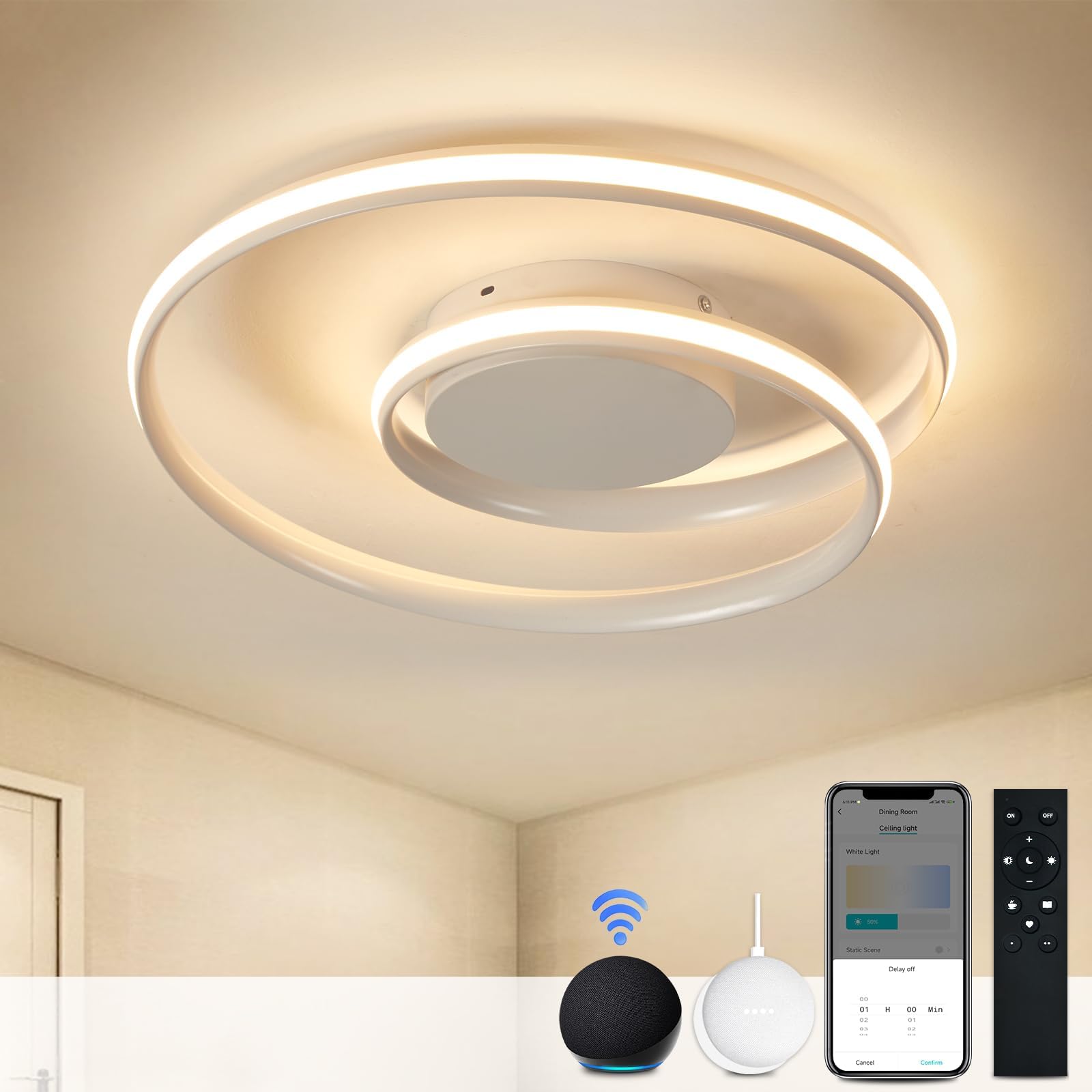 Sky angle Plafoniera LED Intelligente - Dimmerabile Tramite Telecomando e App, 28W Colore Regolabili 2500 LM 48 CM, per Camera da Letto Soggiorno (Bianco, Controllo vocale intelligente)