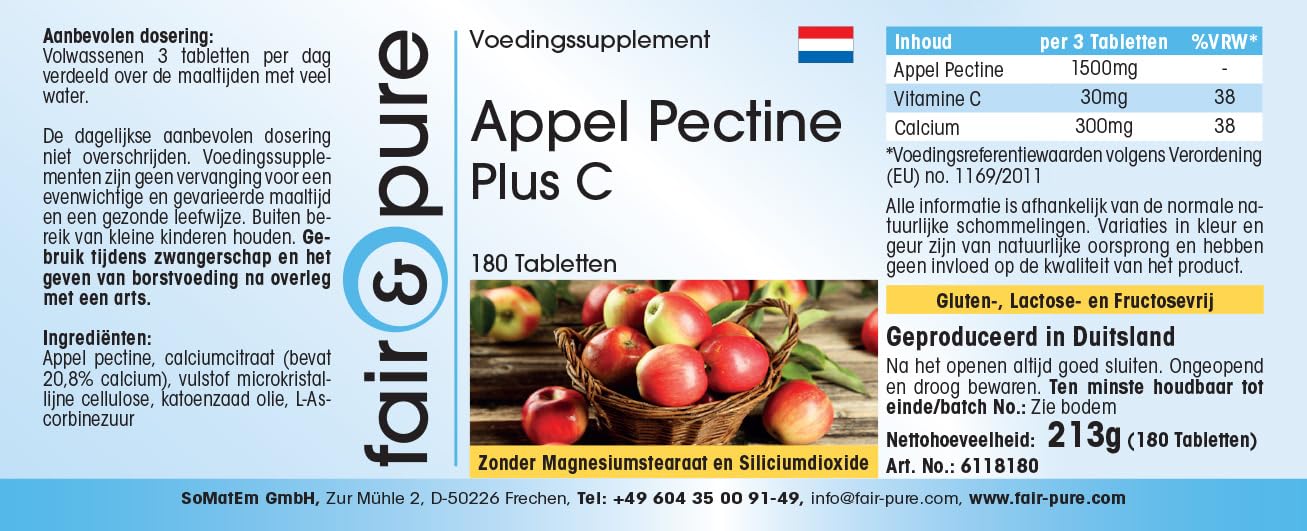 Fair & Pure® - Pectine de Pomme Plus C et calcium - Végan - fibres naturelles - 180 comprimés - emballage pour 2 mois