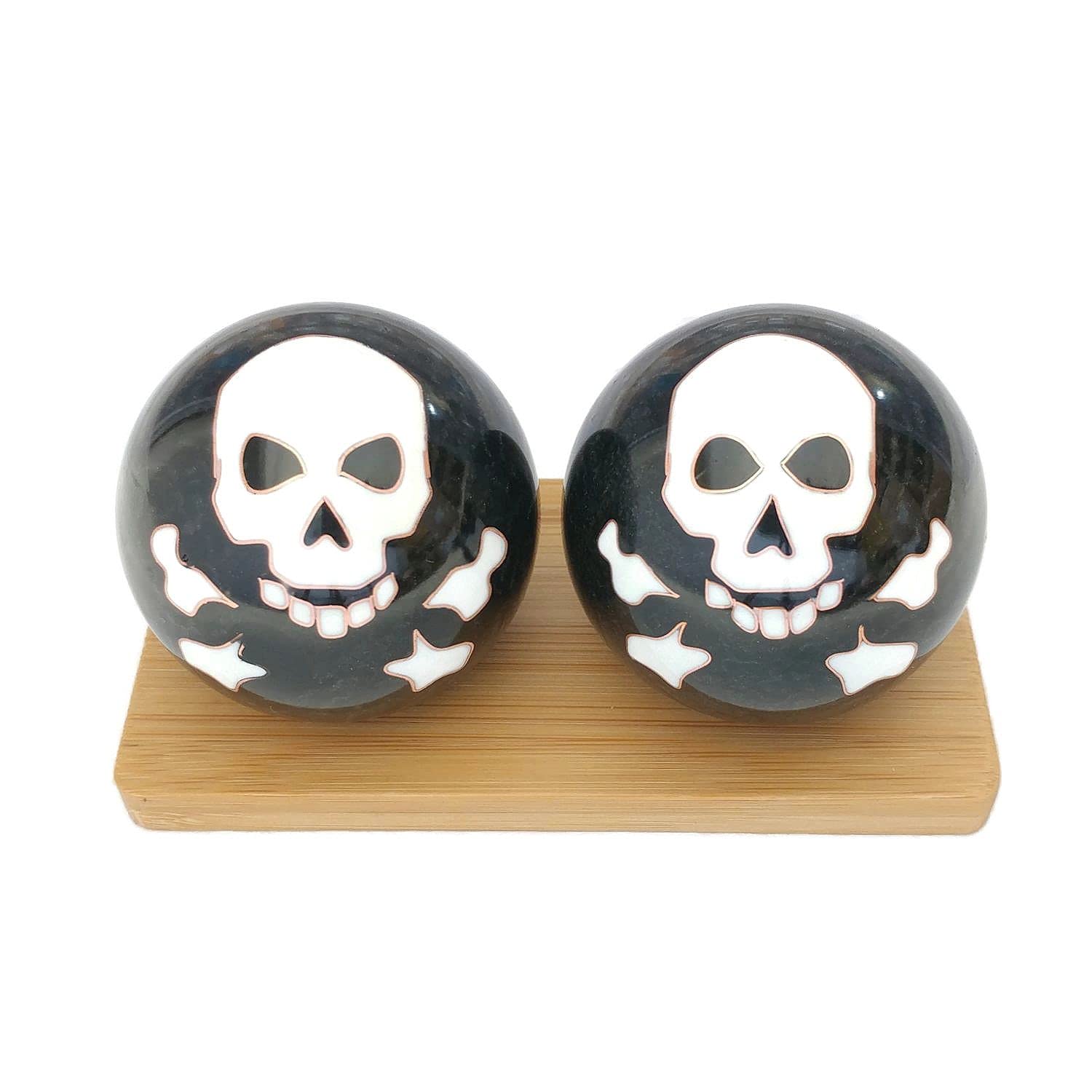 Skull and Bones Baoding Balls with Bamboo Stand. Chiming Chinese Health Balls for Hand Therapy, Exercise, and Stress Relief (Large 2 Inch)