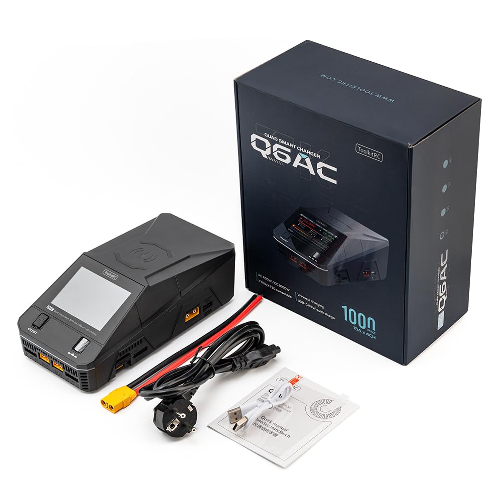 ToolkitRC Q6AC Cargador multifunción con pantalla IPS resaltada AC 400W/DC 1000W 4CH salida integrada 65W para batería LiPo NiMH PB