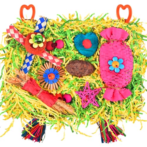 KATUMO Bird Toys - Large-Sized Grass Mat with Colorful Parrot Foraging Shredder Hanging Toys for Conure and Other Birds