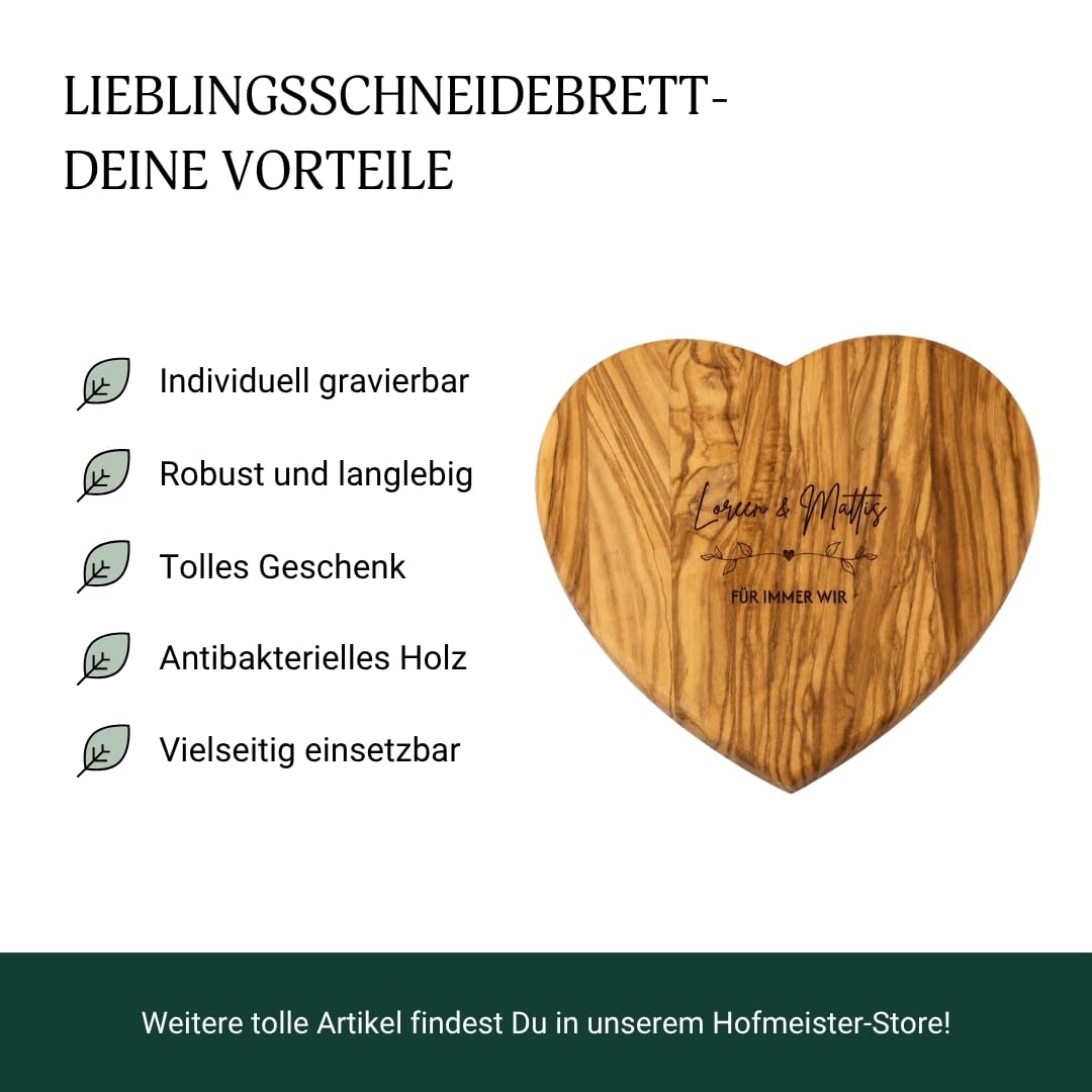 HOFMEISTER® Frühstücksbrett Herz personalisiert mit Gravur aus Olivenholz 21 cm – Wunschnamen, Initialen & Datum – Geschenk zur Hochzeit, Jahrestag oder Valentinstag