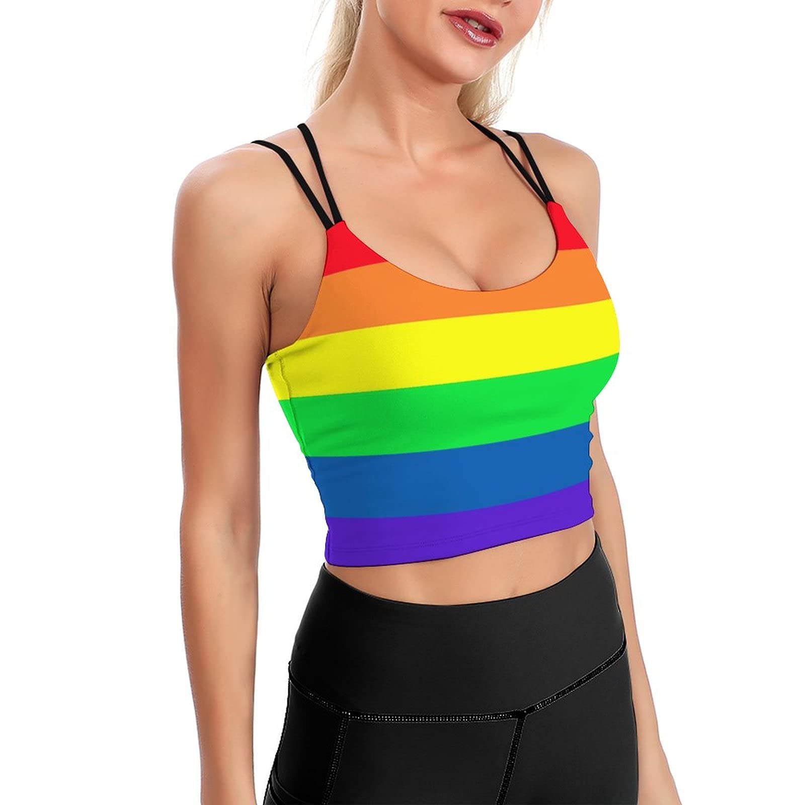 Gay Pride LGBT Rainbow Flag Pattern Women Sports Bras Padded Yoga Vest Tank Top Sleeveless Gym Fitness Workout