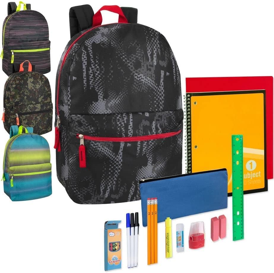 Trail maker Paquete de 24 mochilas a granel con suministros, mochilas a granel de 17 pulgadas con 20 piezas de suministros de papelería al por mayor