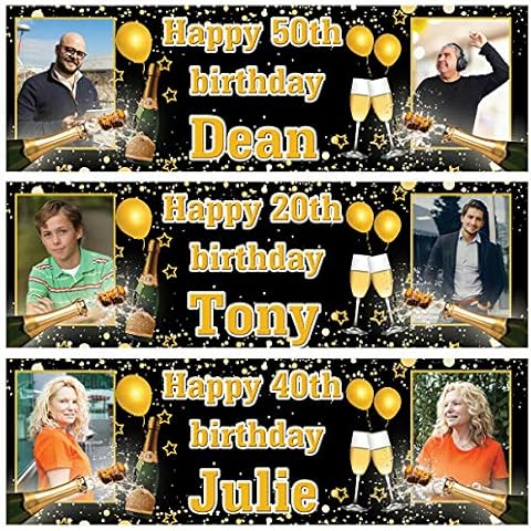 2 Personalised Birthday Banner Photo Gold Champagne Stars Balloon Party Poster Decoration 18th 21st 30th 40th 50th 60th 70th Cover