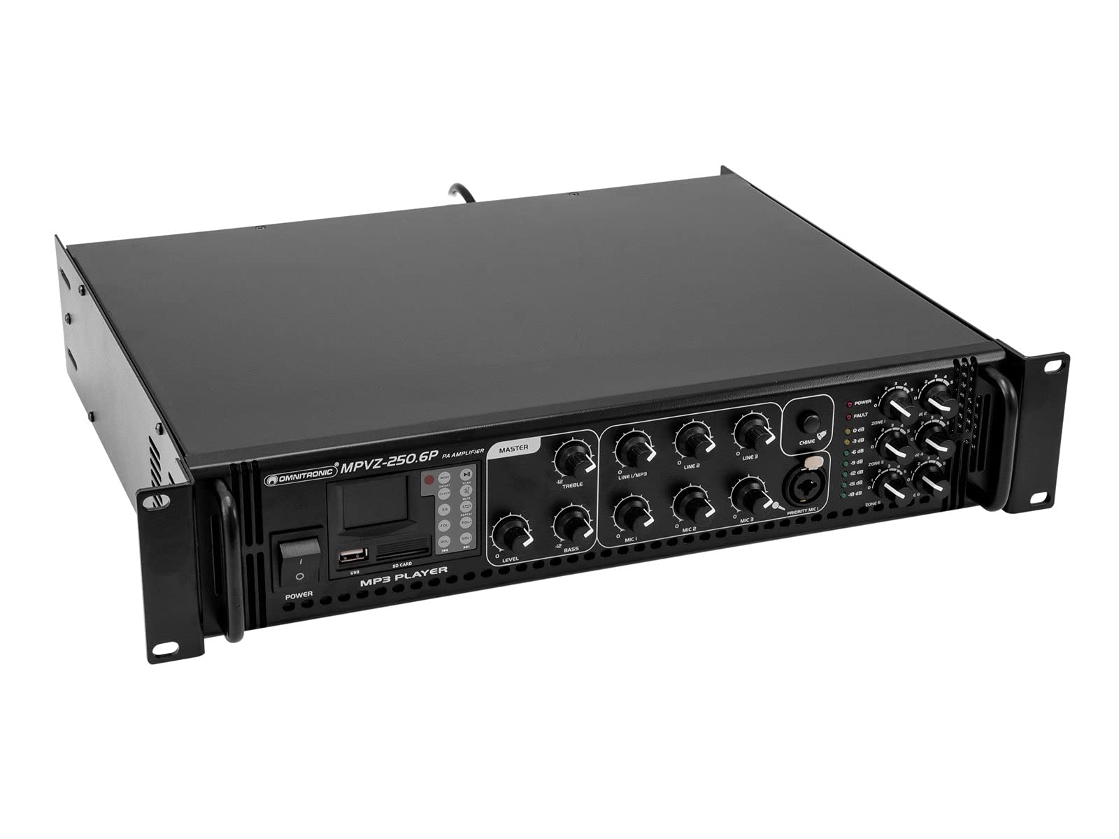 OMNITRONIC MPVZ-250.6P Mischverstärker | 6-Zonen-ELA-Mono-Mischverstärker, MP3-Player & IR-FB, Zonen regelbar, 250 W