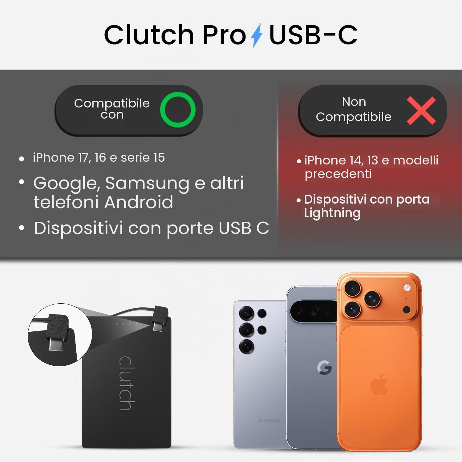 Clutch Pro – Caricabatterie portatile più sottile al mondo – Power Bank USB-C 5000 mAh – Cavo magnetico integrato – Caricabatterie da viaggio approvato TSA – iPhone 15/16/17 e Android – Nero