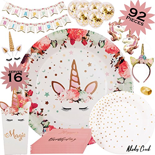 Unicorn Party Supplies | Complete Unicorn Birthday Party Set Serving 16 | Unicorn Cake Topper | Unicorn Headband | Unicorn Plates, Birthday Banner, Confetti Balloons, Party Favor Boxes and More