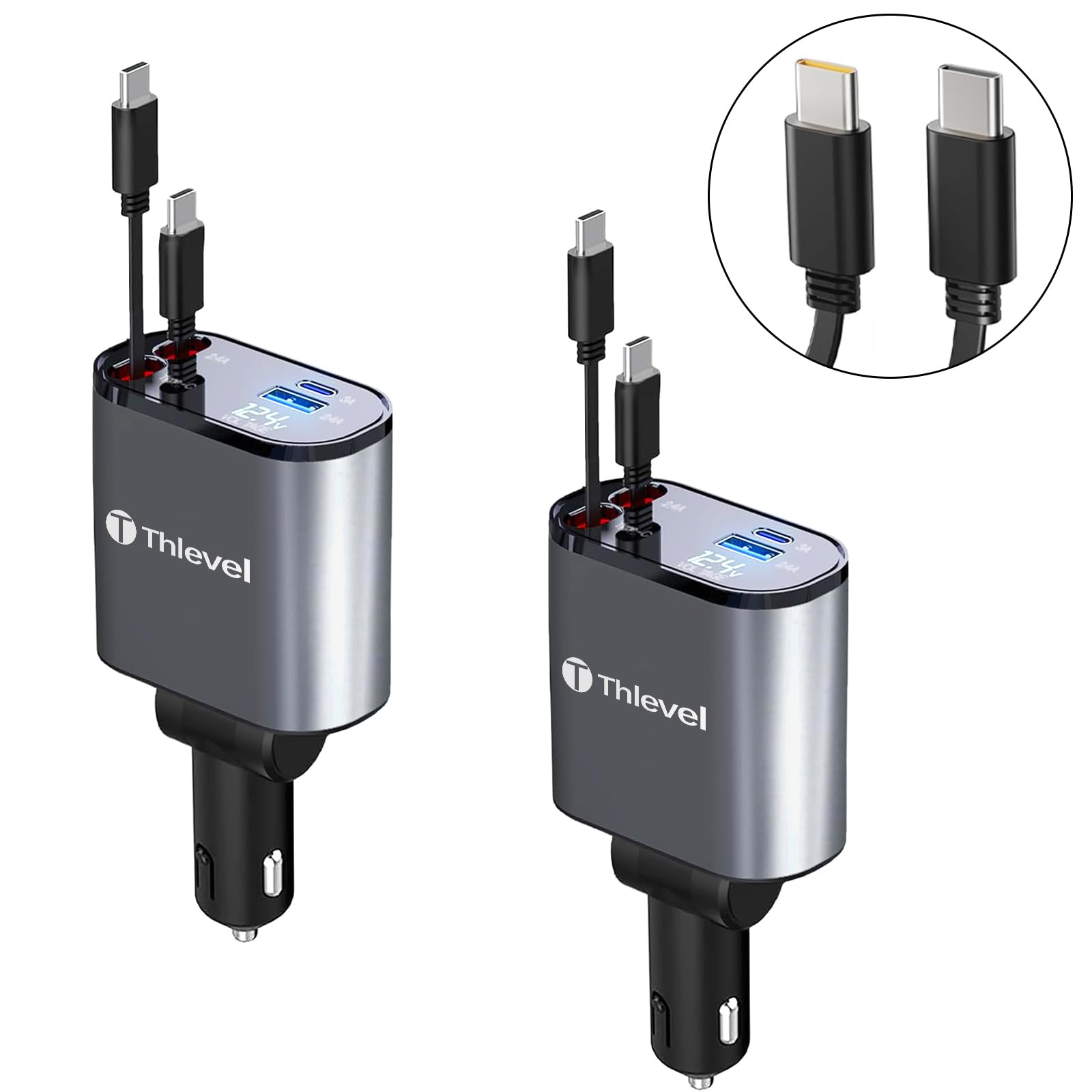 Thlevel Cargador retráctil para coche 4 en 1 USB C cargador rápido con cables duales tipo C (31.5 pulgadas) con visualización de voltaje compatible con iPhone 15/15 Pro Max Samsung Galaxy Note