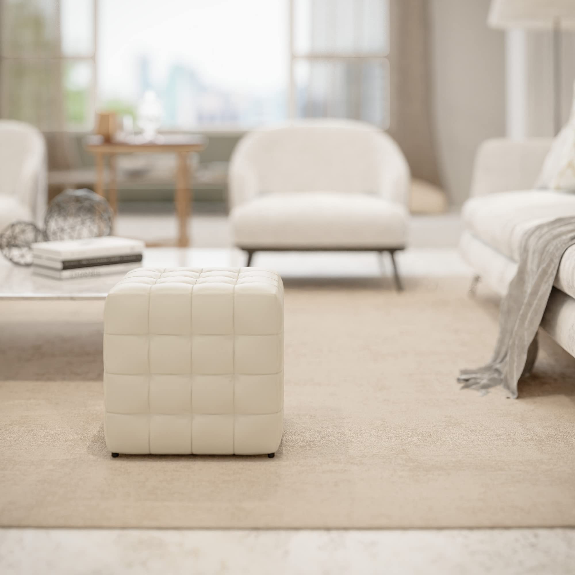 Cortesi Home Charli - Pouf A Cubo In Vera Pelle Grigio Chiaro Con Imbottitura Trapuntata, 40x40x38 Cm