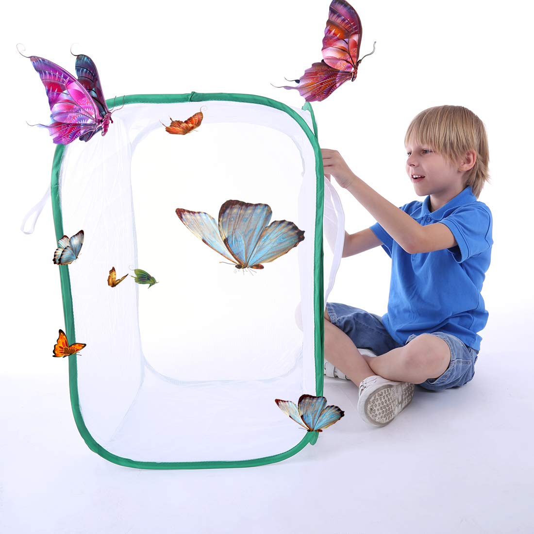 Teakpeak Kids Butterfly Insect Net, Butterfly and Insect Habitat Cage Butterfly Pavilion Mesh Terrarium Pop-up - White + Green S