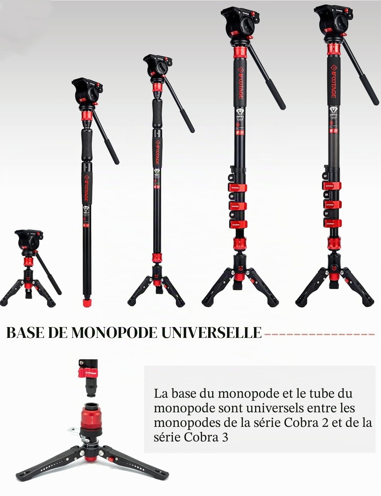 IFOOTAGE Monopode avec pied Cobra 3 C180F-P, Monopode pour appareil photo 181cm/71", Fibre de carbone, Charge maximale 8 kg/17,64 lbs