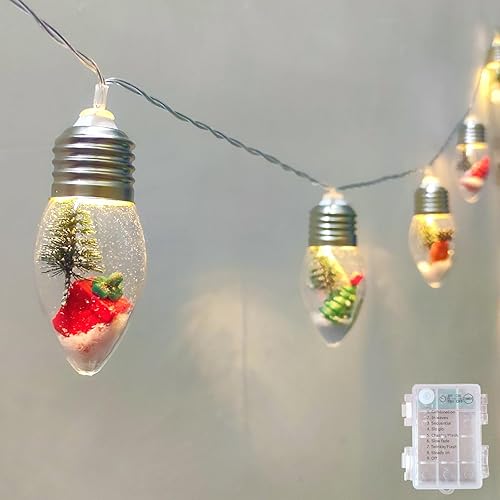 Luces de Navidad vintage que funcionan con pilas, 2 luces de Navidad de 7 pies con temporizador, 10 bombillas LED con árbol y bonitos adornos para