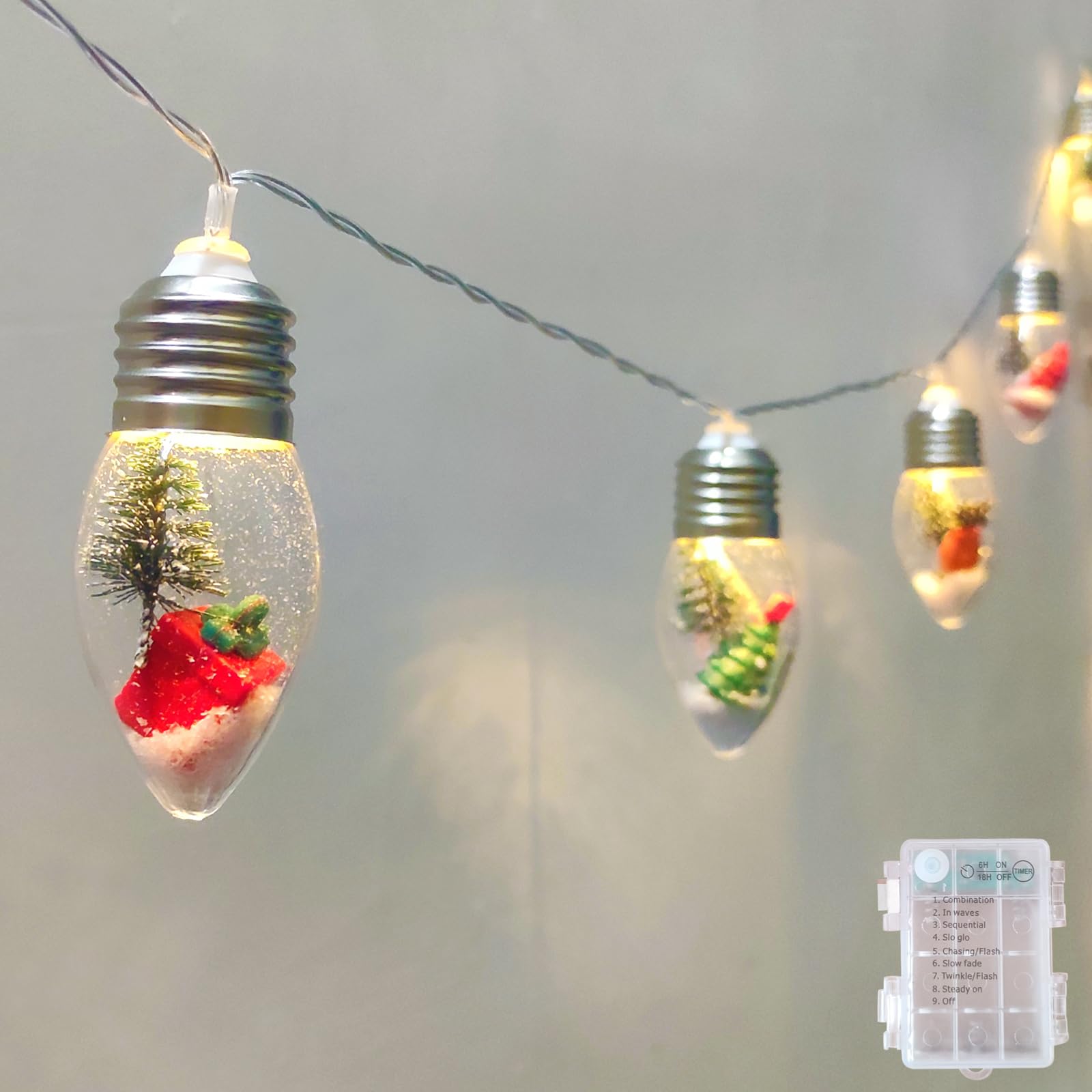 Luci natalizie vintage a batteria, 2 pezzi, 2 pezzi, globo di neve con timer, 10 lampadine a LED con albero e graziosi ornamenti per interni, camera da letto, albero, caminetto, giardino, feste