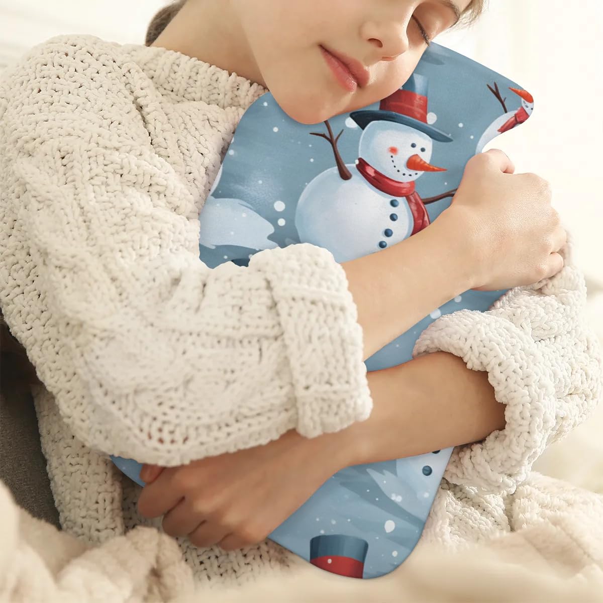 Hot Water Bottle with Soft Cover,2L Watercolor Snowman Hot Water Bag for Hot and Cold Compress, Hand Feet Warmer, Cartoon Snowman Rubber Hot or Cold Water Bottle Halloween Christmas Decorations