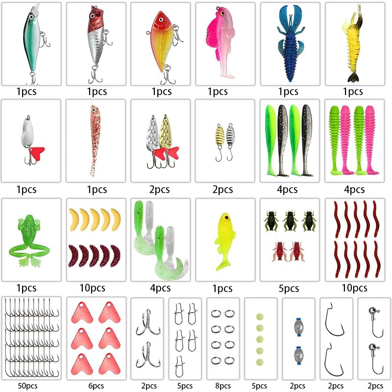 ZhaoCaiWJ 133 Piezas Señuelos de Pesca Kit Completo - Cebos Artificiales Mixtos con Caja de Aparejos: Vinilos, Cucharillas, Ranas y Anzuelos - Equipo de Pesca Spinning para Mar y Río (Black Bass, Truc - 4