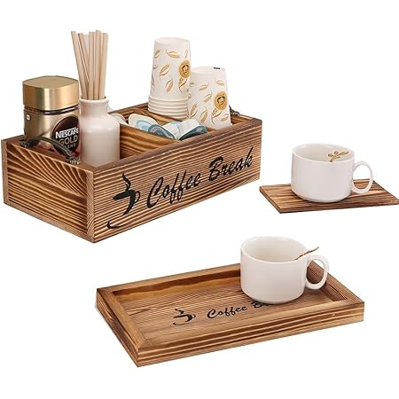 MRPAPA Coffee Pod Holder with Coffee Tray, Farmhouse Kcup Coffee Pod Holder Storage Basket with Handle,Coffee Bar Accessories Organizer for Countertop (Wooden)