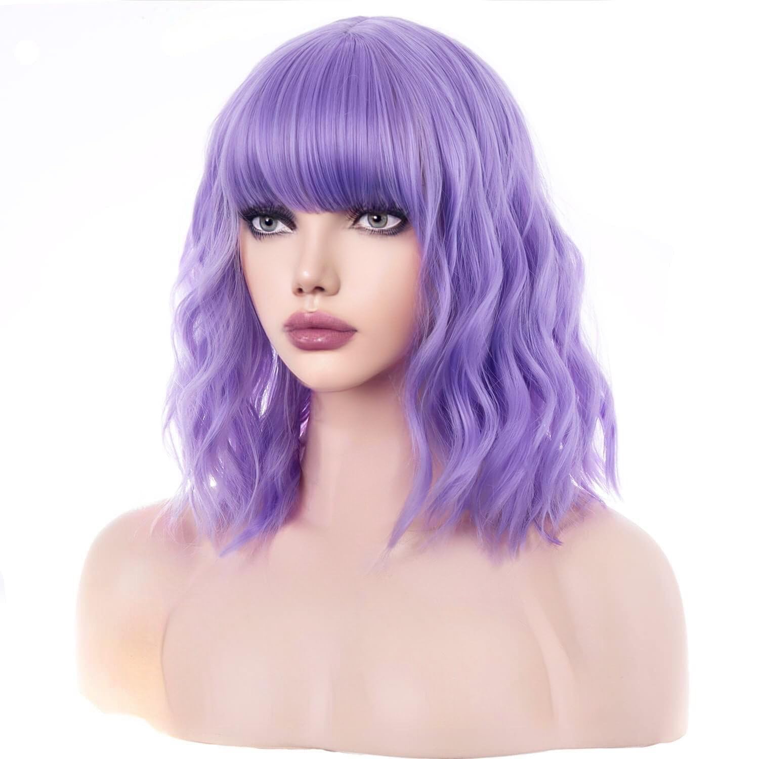 PORSMEER Short Purple Wavy Bob Wig with Fringe Natural Looking Synthetic Hair Wigs for Women Girls Costume Halloween Party Or Daily Wear 12inch - Image 3